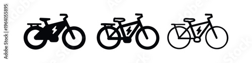 Electric Bicycle Icon Set. E-Bike Symbol Vector Illustration in Solid, Outlined, and Thin Line Styles for Sustainable Transport.