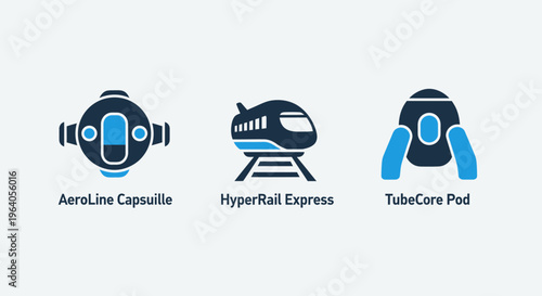 Futuristic transportation icons collection: advanced capsules, high-speed rail systems, and innovative pod concepts for modern technology