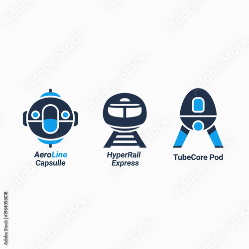 Set of modern futuristic transportation icons featuring advanced capsules, high-speed express rail, and innovative pod designs for technology