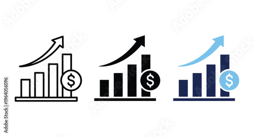 Financial growth icon with rising bar chart, upward arrow and dollar coin. Concept of profit increase, revenue growth, income, investment success and financial performance.
