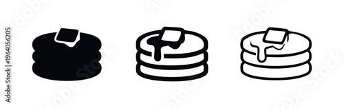 Pancakes with Butter and Syrup Icons - Breakfast Food Outline and Solid Vector Set