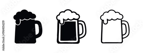 Beer mug icon set with different styles. Pub drink glass with frothy head vector illustration.
