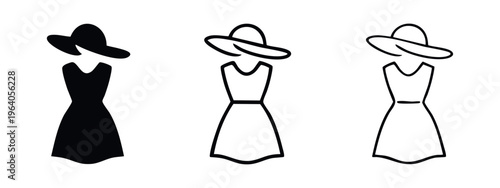 Elegant dress and hat icon set for fashion and clothing design. Stylish women's attire vector illustration.