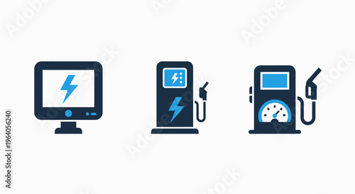 Diverse icons representing energy solutions: computer monitor with lightning bolt, electric vehicle charger, and traditional fuel pump illustration