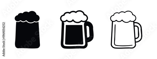 Beer mug icon set with different styles. Beer glass with foam vector illustration.