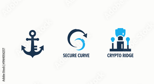 Abstract business concept icons: stability anchor, continuous process, and secure digital fortress for corporate strategy
