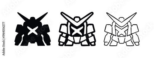 Robot Icon Set. Futuristic Sci-Fi Mech Character Symbol Collection in Solid and Outline Variations.