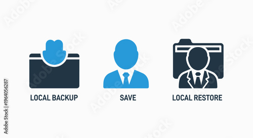 Essential data management icons set: local backup, user save profile, and data recovery restore for digital systems