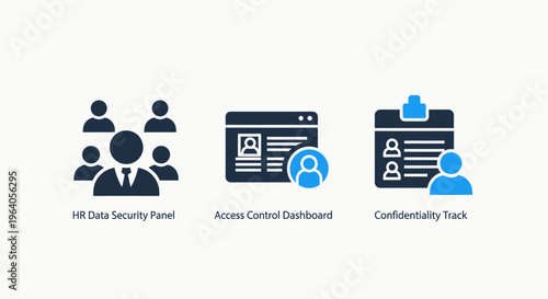 Modern user management icons set: team, profile dashboard, and identity card for digital business solutions and online platforms