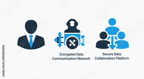 Secure data communication network and collaboration platform icons with business user silhouette