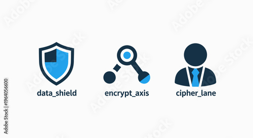 Data shield and encryption axis cybersecurity icons featuring user privacy protection network safety cipher lane and encrypted information access for corporate digital asset security management