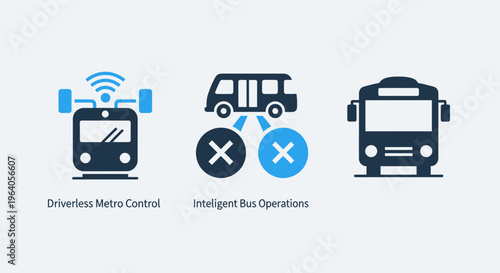 Intelligent public transit and autonomous bus operations icons representing driverless vehicle control wireless connectivity and smart transportation systems for modern city infrastructure design