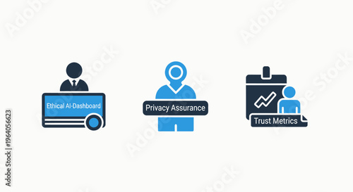 Professional business administration icons for talent management, personnel assurance and trust metrics, illustrated in a clean modern blue and dark grey style for corporate human resources interface