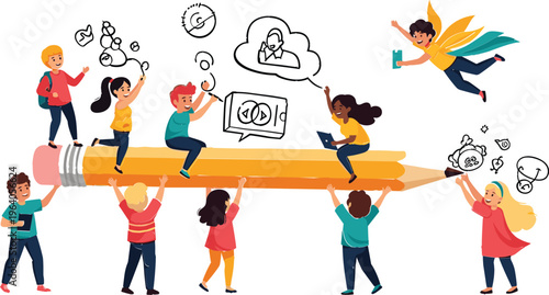 Creative Kids Learning and Collaboration Illustration with Giant Pencil, Tech Icons, and Brainstorming Concepts for Education, School, and Digital Design