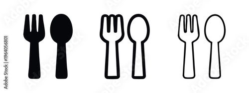 Fork and Spoon Cutlery Icon Set - Eating Utensils Black and White Symbols for Restaurant
