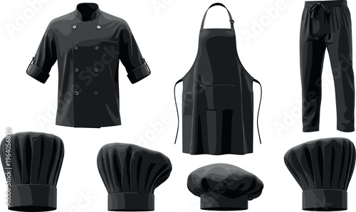 Black chef uniform set vector illustration kitchen clothing apron jacket pants and hats professional cooking attire collection