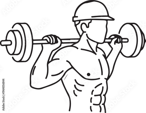 Muscular man lifting barbell, weightlifting training exercise, fitness and sports illustration in graphic style, bodybuilder with defined abs.
