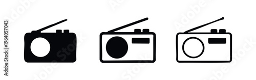 Radio icon set. Vintage receiver with antenna symbol in various styles.