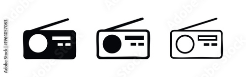 Radio receiver icon set. Retro broadcast device symbol with antenna.