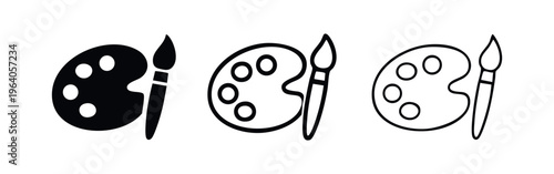 Set of Artist Palette and Paintbrush Icons (Separated): Creative Art Tools. Different Styles - Solid, Outline, Hand-Drawn.