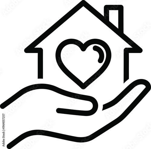 A hand holding a house with a heart symbolizing love and care for home