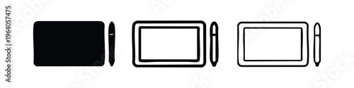 Graphic tablet and pen vector icon set. Digital drawing device symbol for creative work.