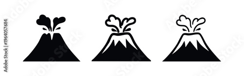 Erupting Volcano Icons Set. Black Silhouette of Natural Disaster Symbol.