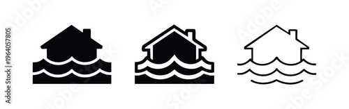 House Flood Icon Set. Home Submerged in Water Symbol for Natural Disaster and Emergency