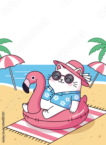 Cute cat relaxing on flamingo float at summer beach