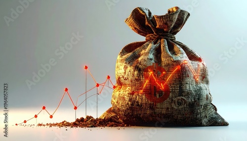 A burlap money bag with a glowing dollar sign and a rising stock market graph indicates financial growth.