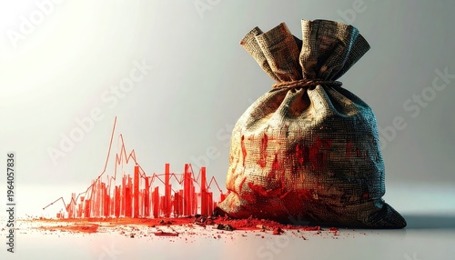 A bag of money stained with red, next to a red financial graph.