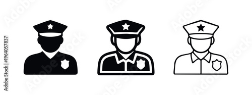 Police Officer Icon Set with Badge. Law Enforcement Policeman Avatar Symbol for Security