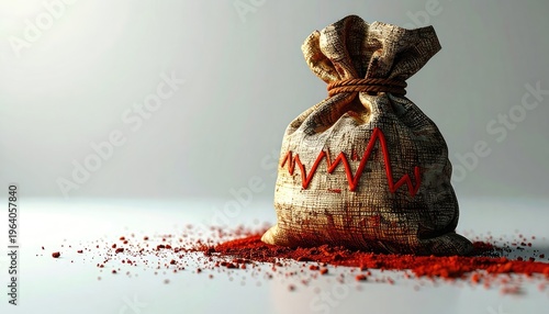 A money bag with a red downward trend graph and scattered red powder.