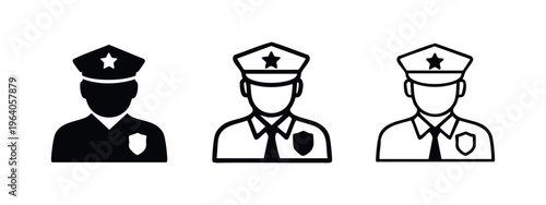 Police Officer Icon Set with Tie and Badge. Law Enforcement Professional Symbol for Public Service