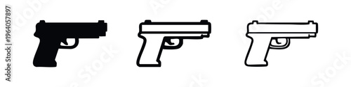Handgun Pistol Icon Set. Firearm Weapon Symbol for Crime, Protection, and Self-Defense