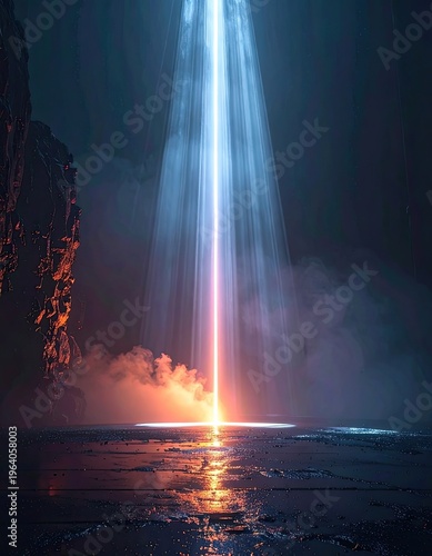 A dramatic beam of light pierces through smoky darkness, illuminating a reflective, rocky surface.