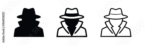 Detective Spy Icon Set. Incognito Secret Agent Symbol with Hat and Coat for Mystery