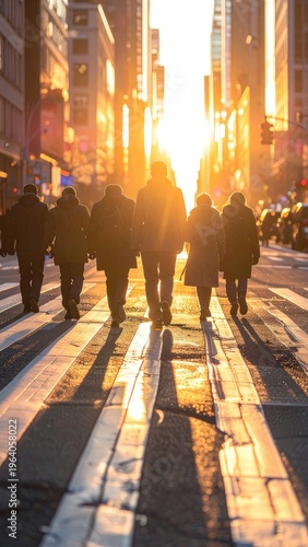 People walking across a city street at sunset, bathed in golden light.
