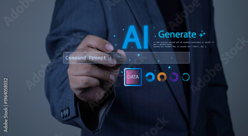 AI prompt engineering for data analysis. A futuristic businessman writing a generative command prompt.