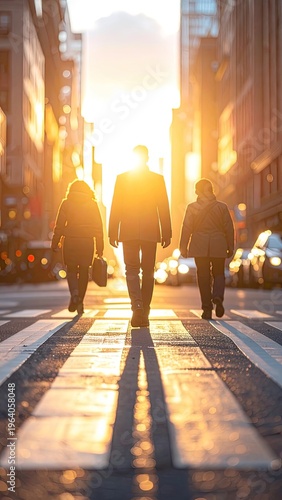 People walking across a street during golden hour with sun flares.