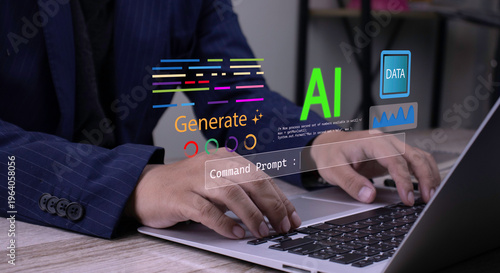 Businessman typing AI command prompt on laptop to generate data, code, and analytics.Help analyze data or create a project.
