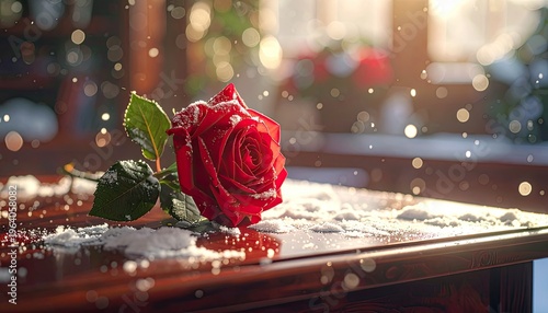A solitary red rose dusted with snow rests on a polished wooden surface.