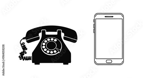 Vector illustration of vintage rotary telephone and modern smartphone icons