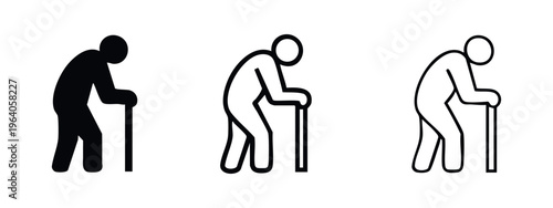 Old person with cane icon set. Outline, glyph and silhouette senior individual symbols isolated on white background.