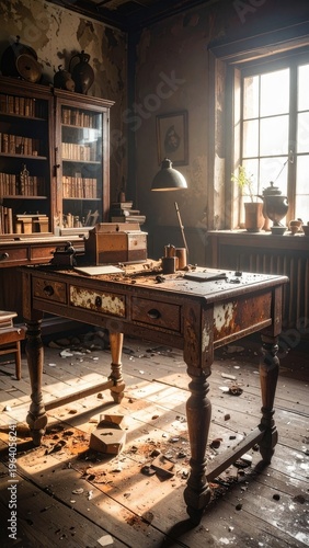 A dusty and disheveled study with a prominent antique desk bathed in sunlight.