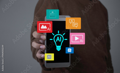 AI mobile app interface for generative content, including video, image, and text creation. Futuristic smartphone technology.
