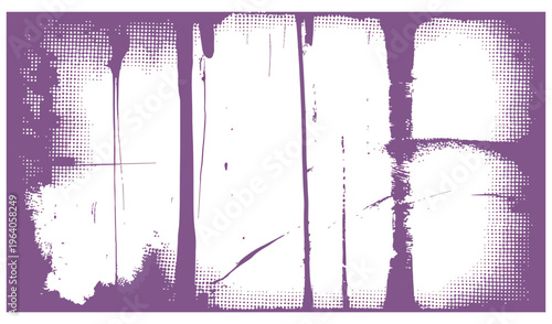  Distressed grunge halftone texture purple cyan dual tone ink splatter worn surface grain noise abstract overlay background design, flat vector illustration