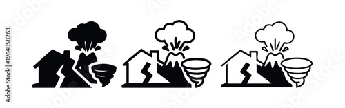 Natural disaster icon set. Outline, glyph and silhouette symbols of earthquake, volcano, and tornado on white background.