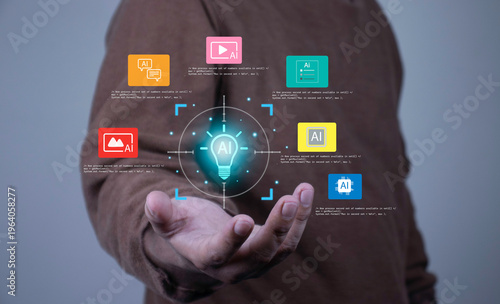 Multipurpose Generative AI tool icons on hand, covering text, image, video, chat, and processing. Smart AI innovation concept.