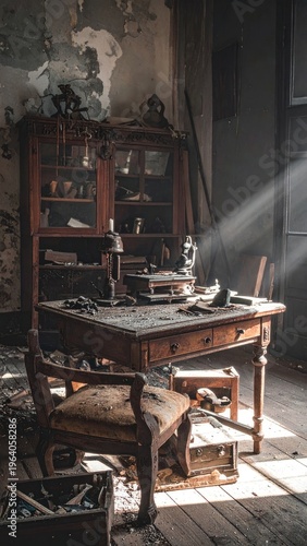An abandoned study room filled with dusty antique furniture illuminated by dramatic sunbeams.